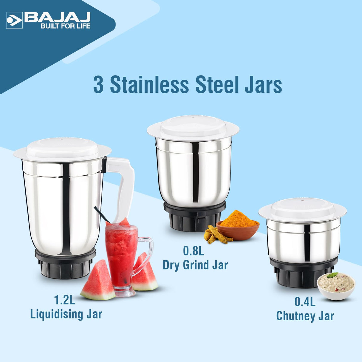 Bajaj GX-1 500 Watt Mixer Grinder with 3 Jars (White)
