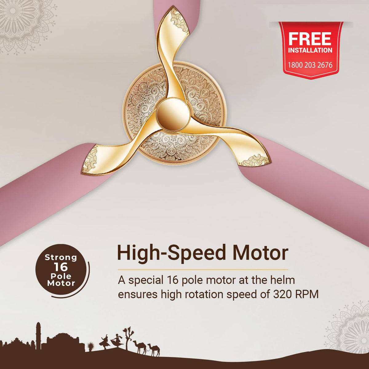 Ceiling fan with decorative design on a beige and pink background, featuring text about high-speed motor and free installation offer.
