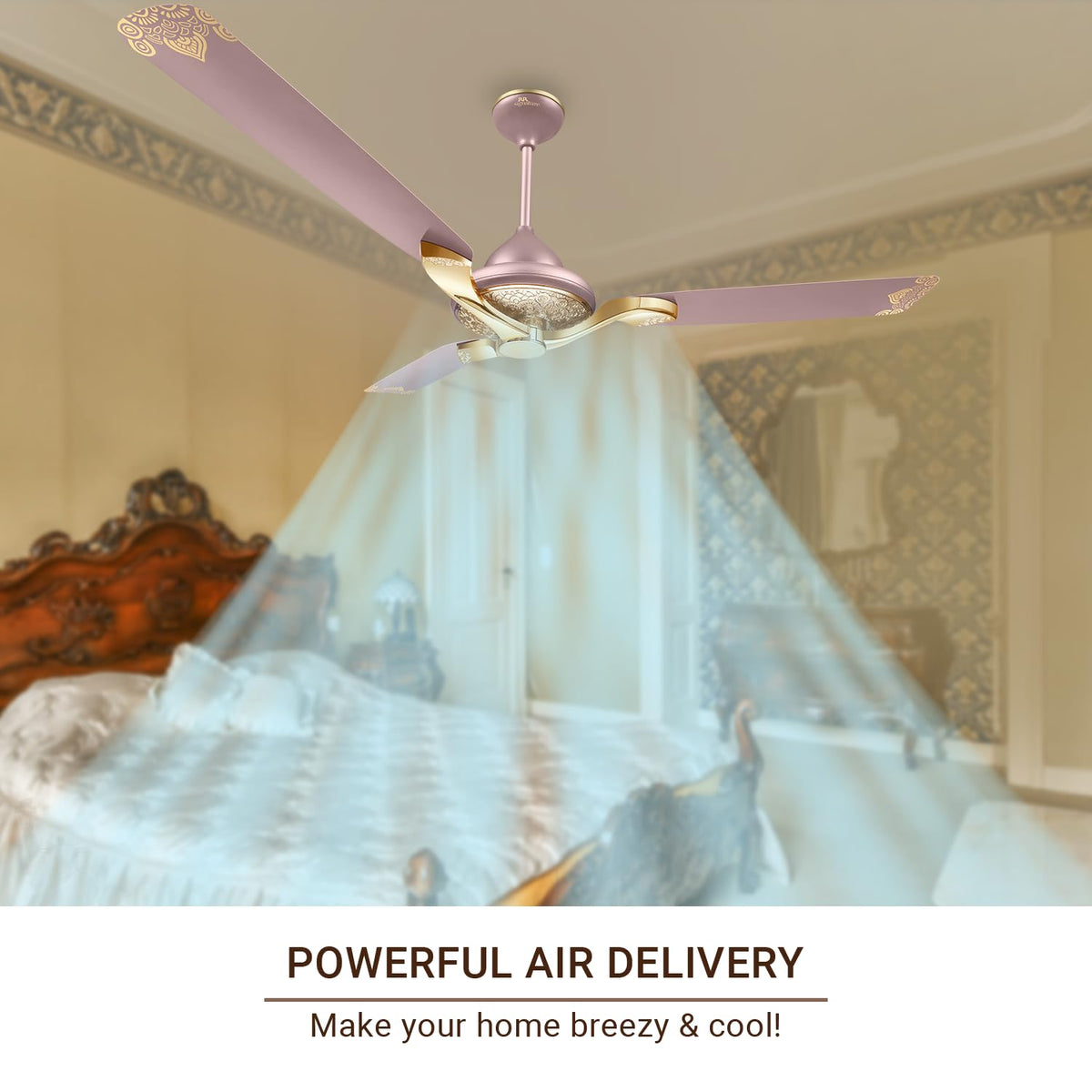 Ceiling fan with pink blades in a room with a canopy bed and decorative wall.