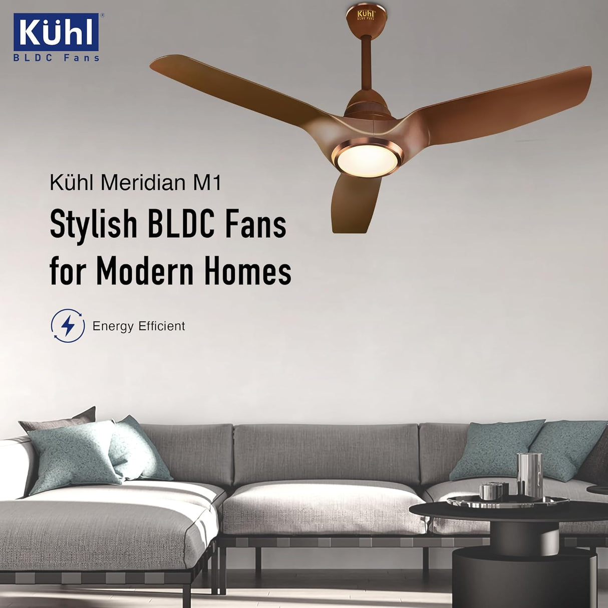 Köhl Meridian M1 ceiling fan in a modern living room setting with 'Köhl' branding.