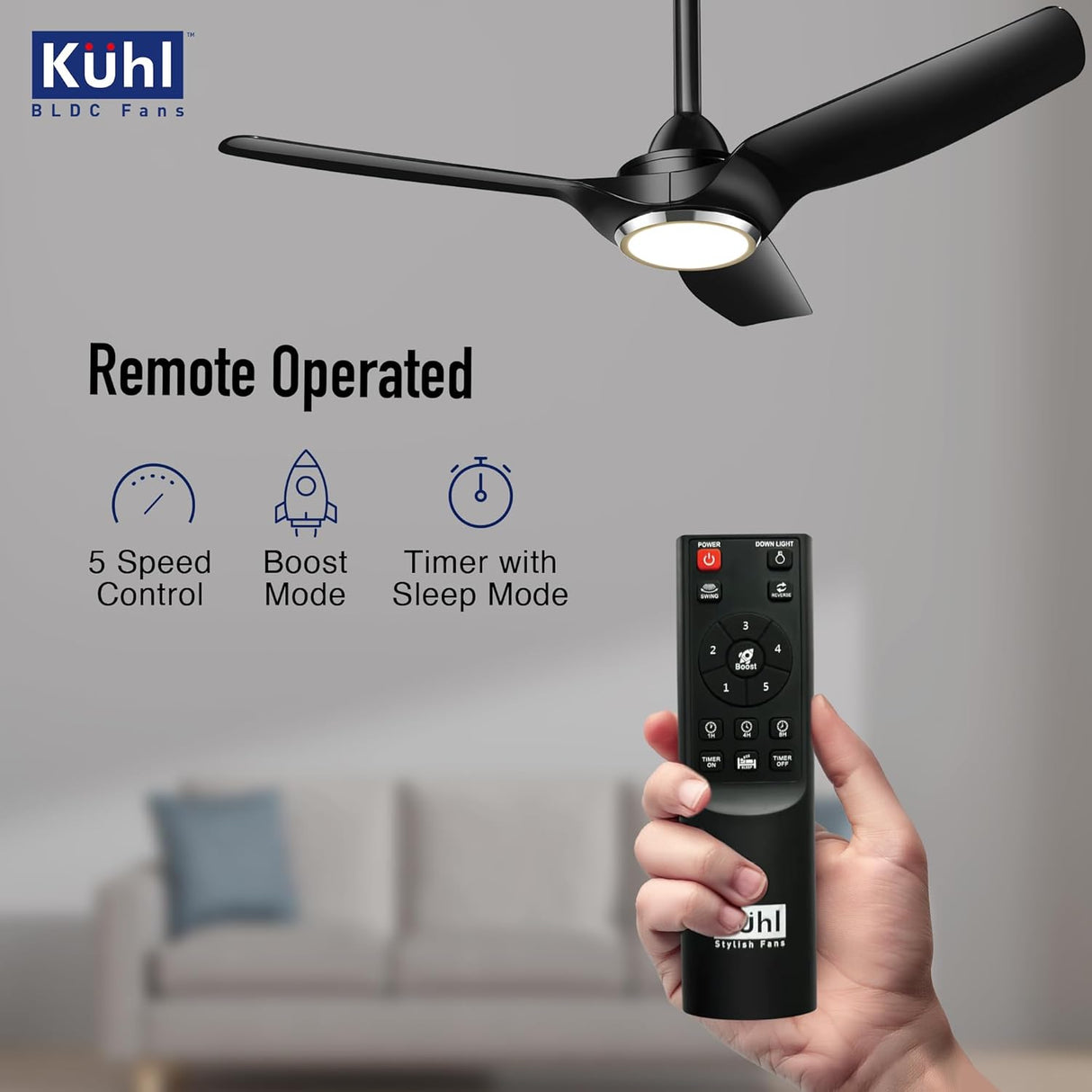 Black ceiling fan with remote control in a living room setting, featuring Kuhl branding.