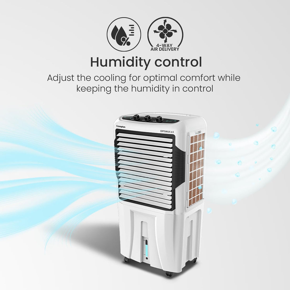 Air cooler with humidity control features on a light gray background