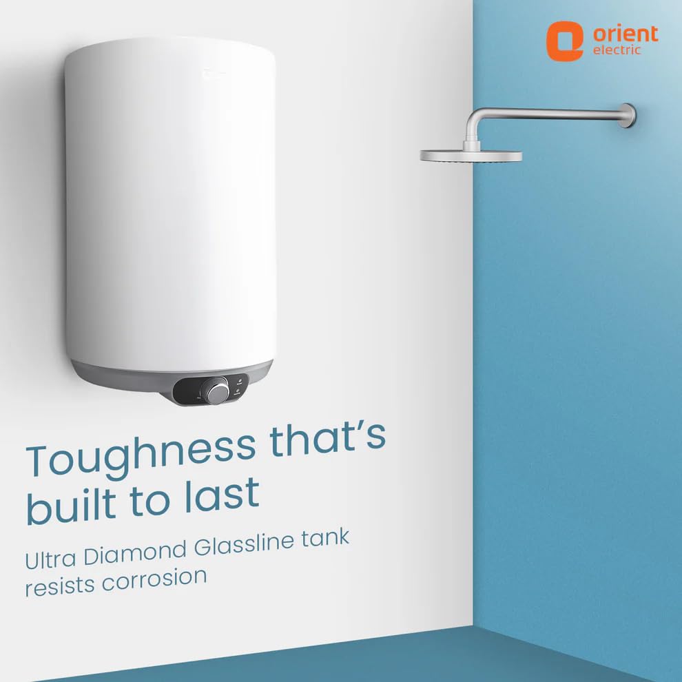 A white cylindrical wall-mounted water heater shown in a bathroom-style corner with a blue wall and shower head. Text on the image reads 'Toughness that's built to last' and 'Ultra Diamond Glassline tank resists corrosion.