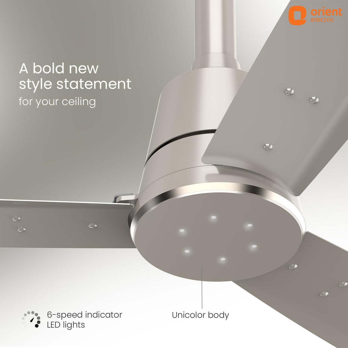 Ceiling fan with metallic finish and LED lights, featuring Orient Electric branding.