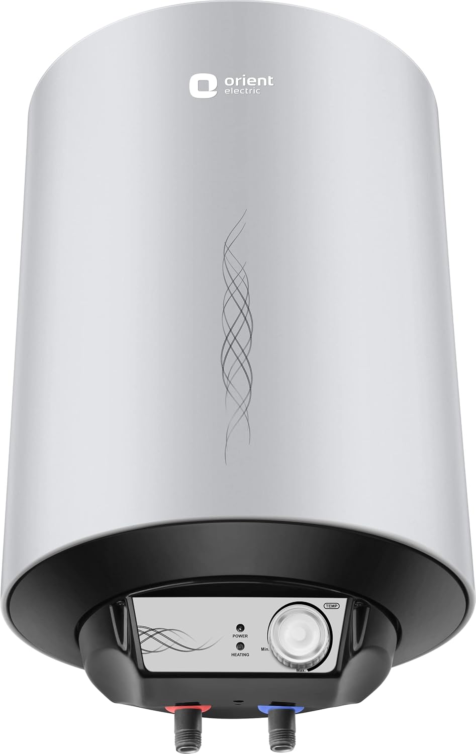 An electric water heater by Orient, featuring a brushed silver metallic body, a black base housing the control panel and connectors, and a white background.