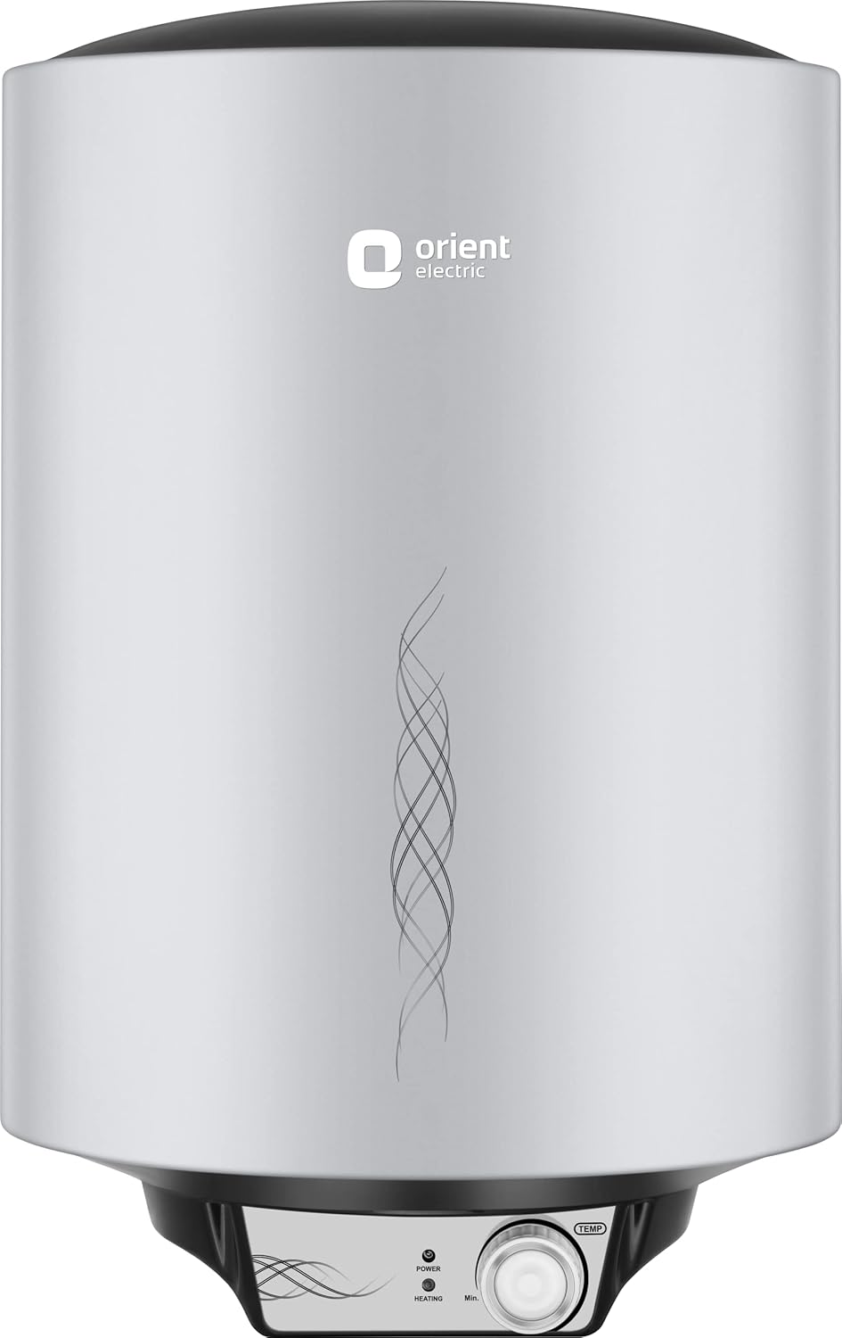 Orient Electric water heater with a brushed silver metallic finish, black top and bottom caps, and a control panel at the base.