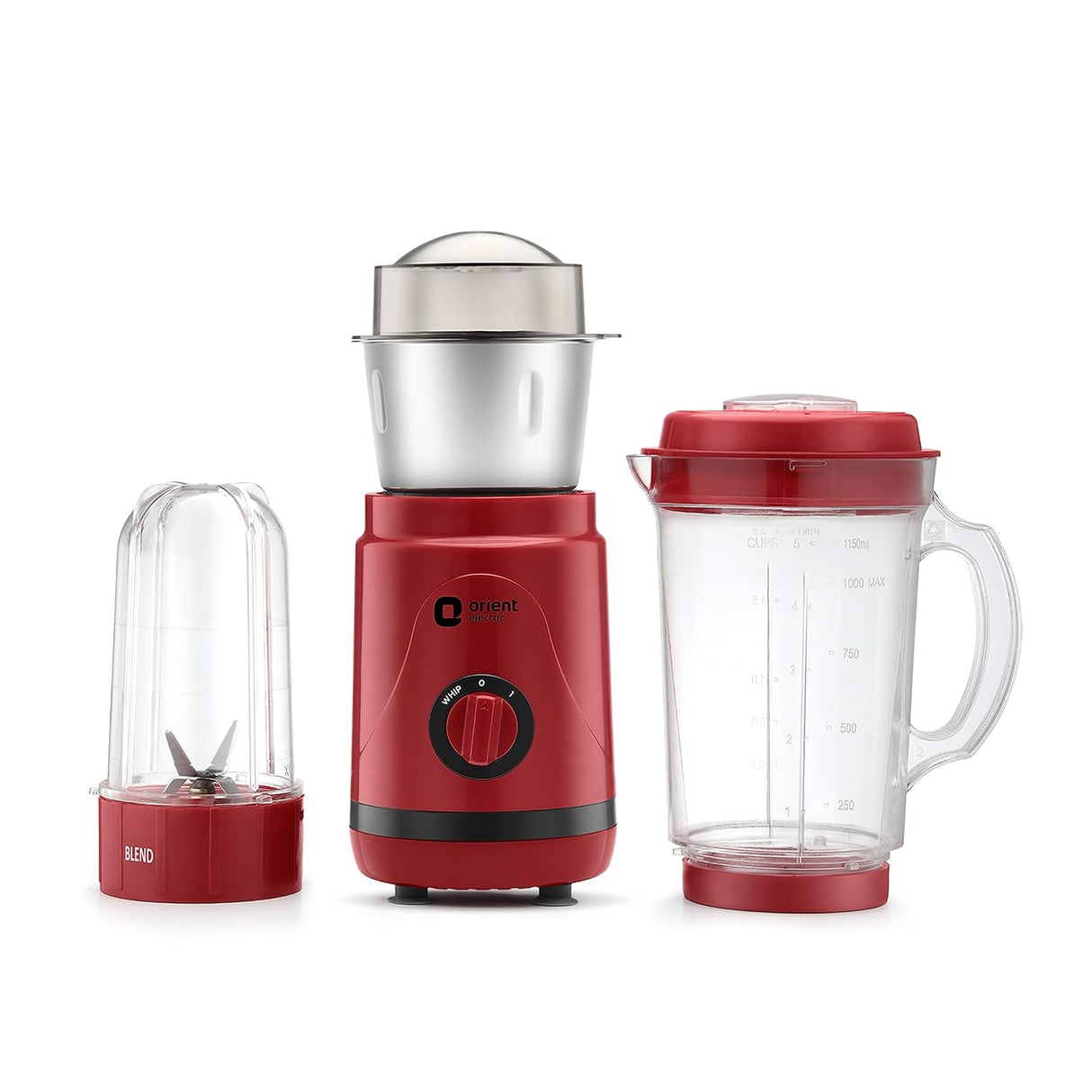 Red blender with detachable parts on a white background
