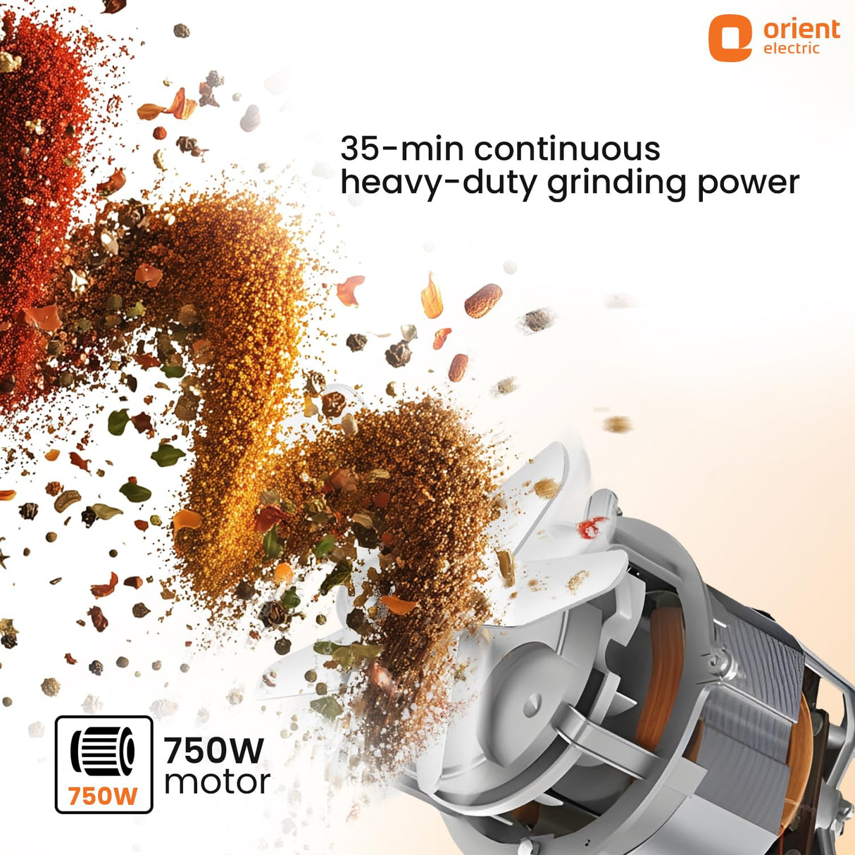 Orient Electric grinder with spices being ground, highlighting 35-minute continuous heavy-duty grinding power and 750W motor.