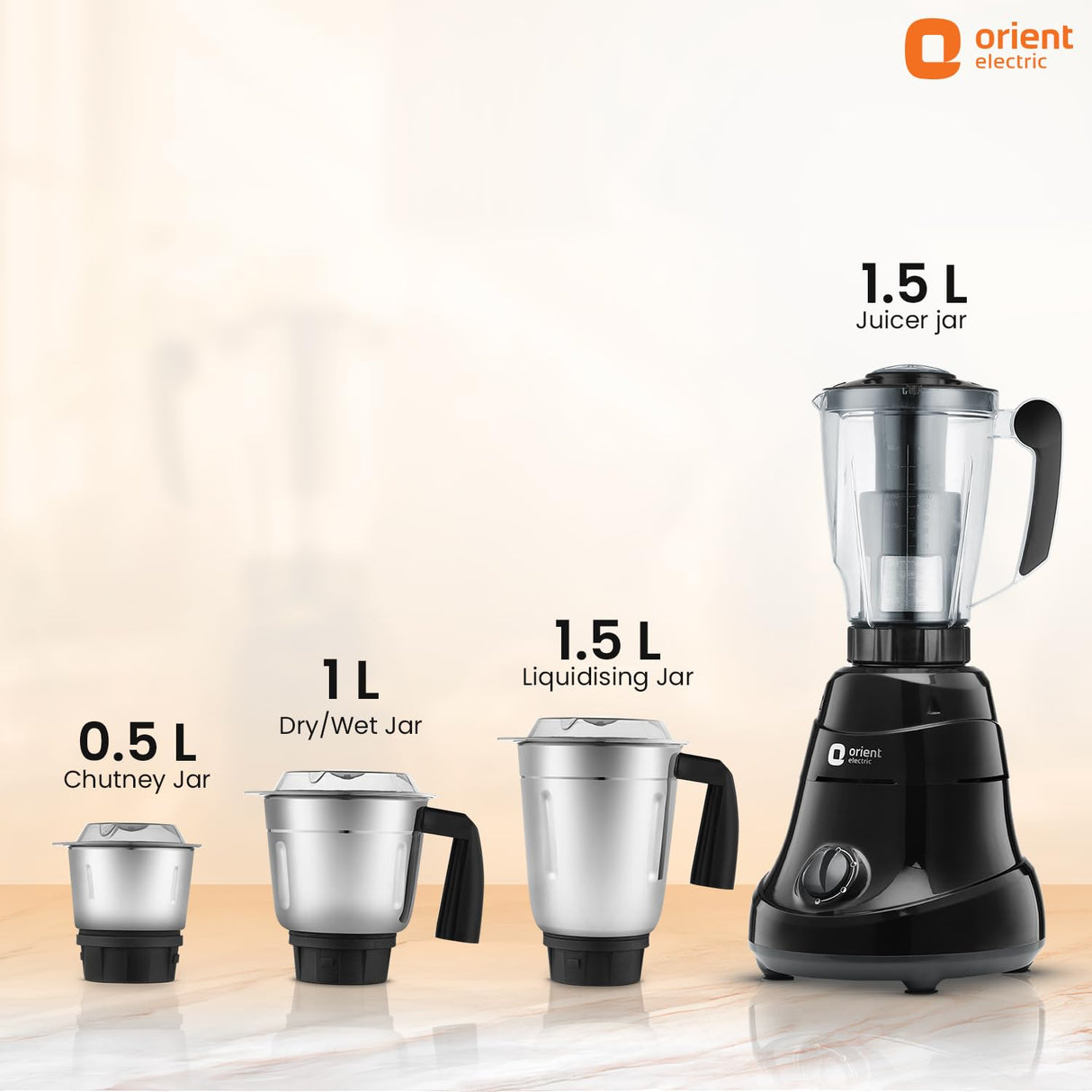 Blender with interchangeable jars of different capacities on a light background, featuring Orient Electric branding.