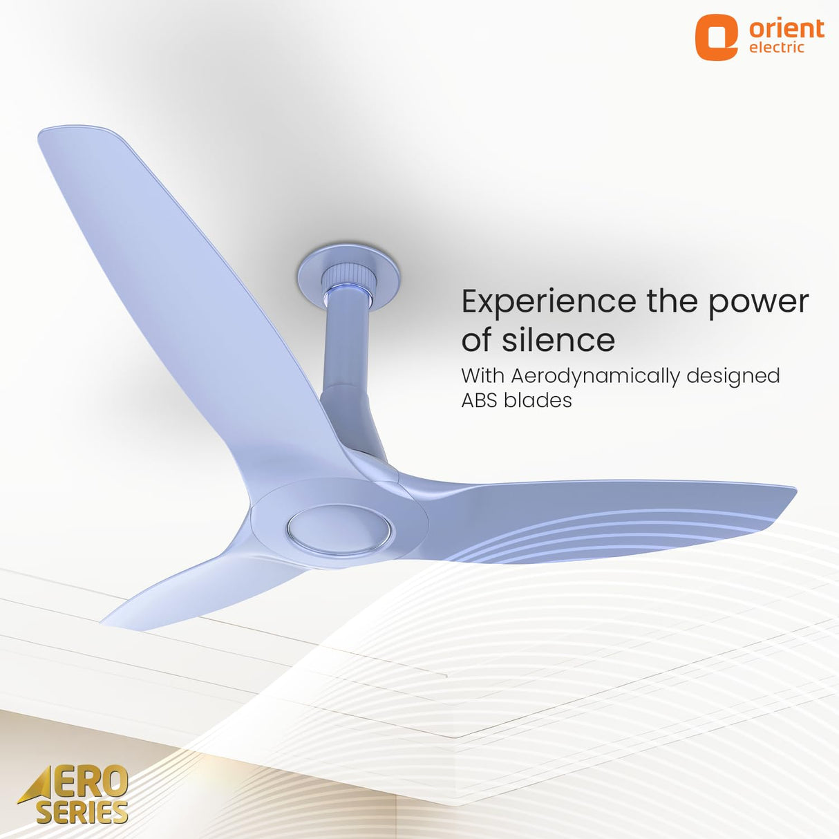 Ceiling fan with Aerodynamic blades on a white ceiling, featuring Orient Electric branding.
