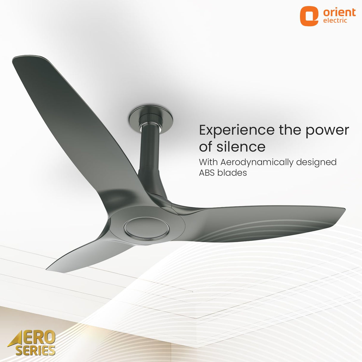 Ceiling fan with Aerodynamic blades on a white background, featuring Orient Electric branding.
