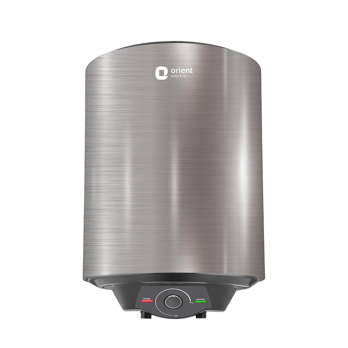 A silver-colored Orient electric water heater with a digital display and temperature control knob.