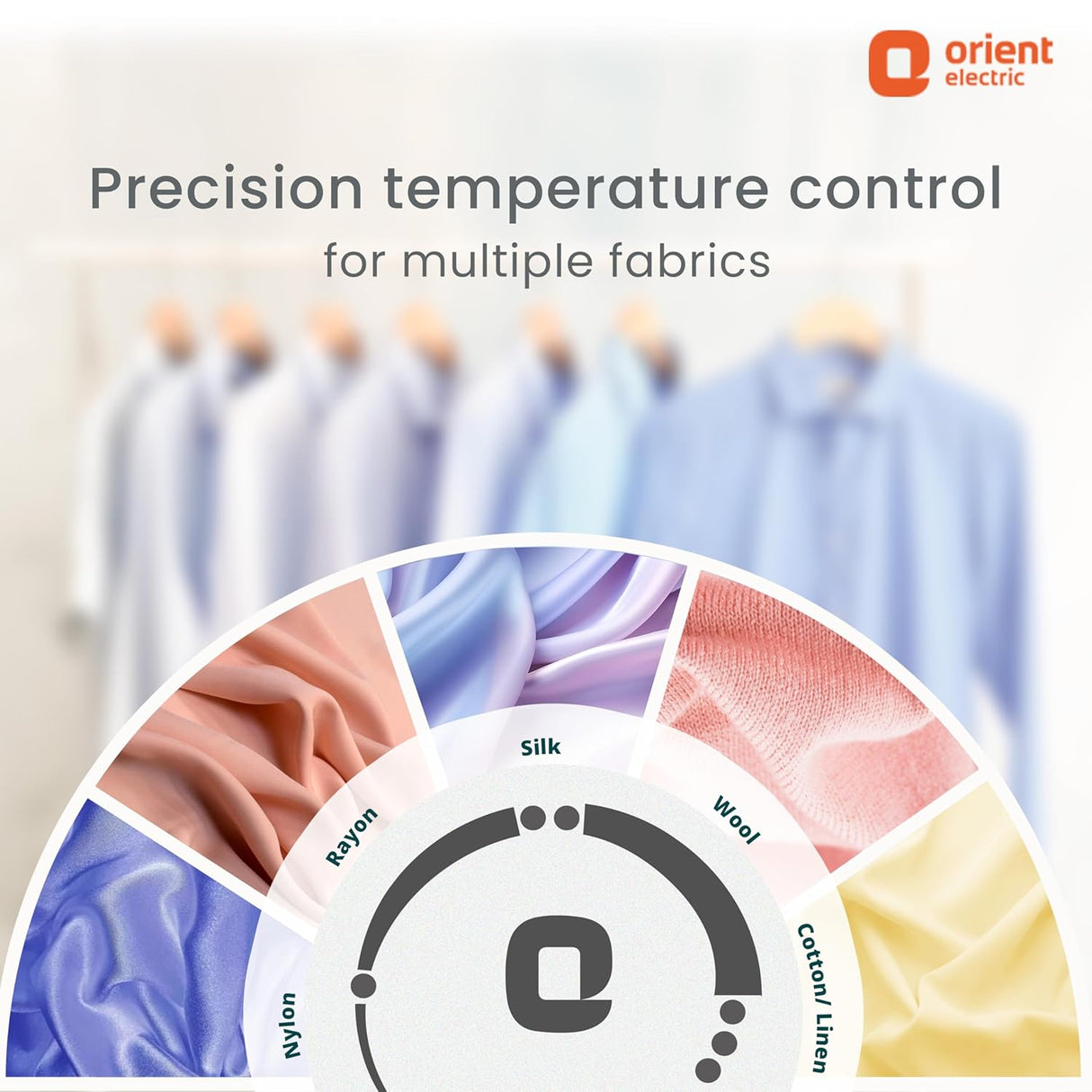 Advertisement for Orient Electric's precision temperature control for multiple fabrics with fabric swatches and brand logo.