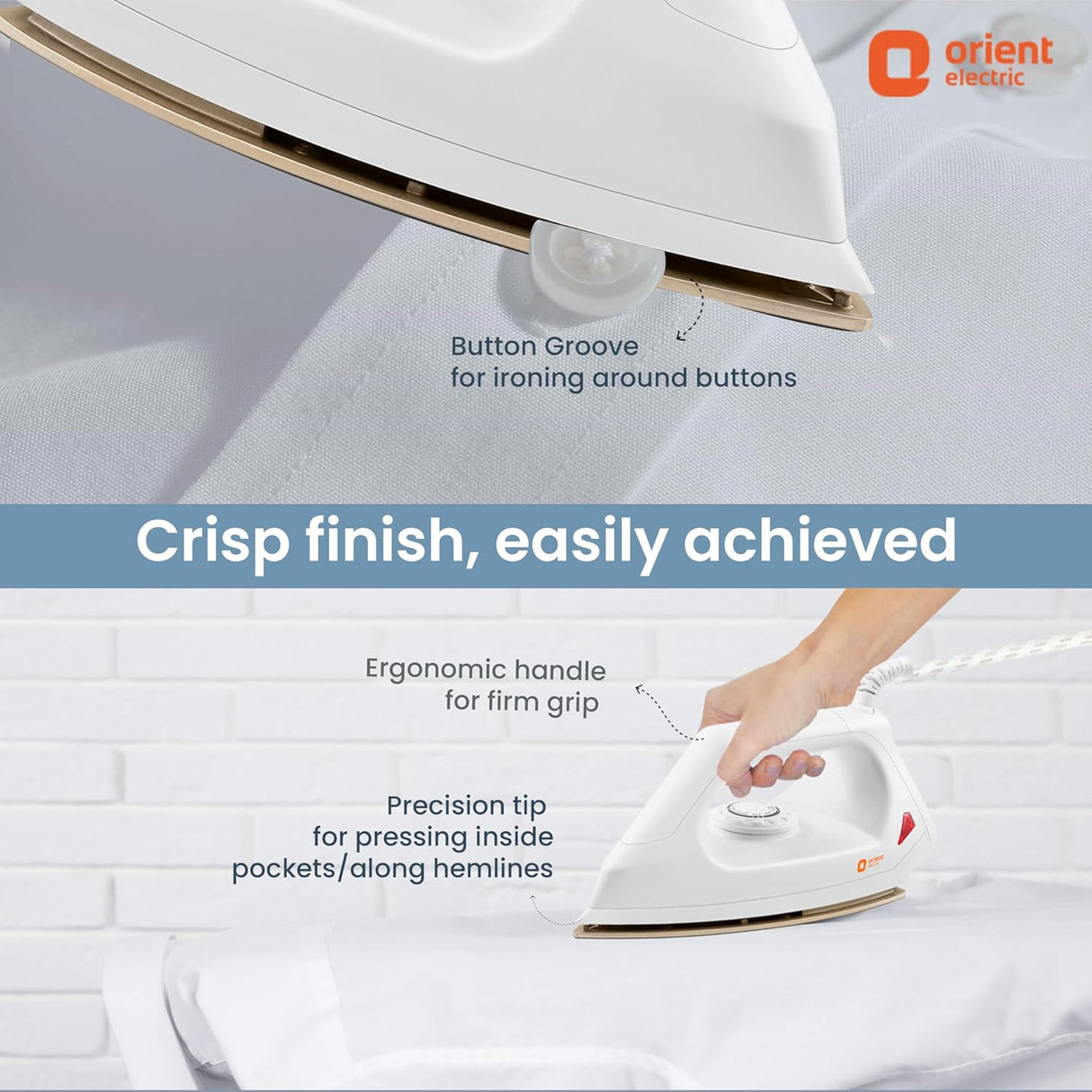 White iron with text on a white background, featuring Orient Electric branding.