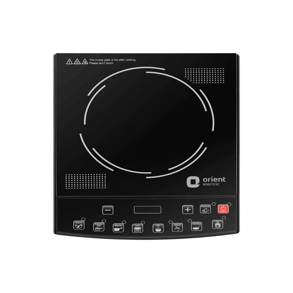 Black induction cooktop with control panel on a white background, featuring the Orient Electric logo.
