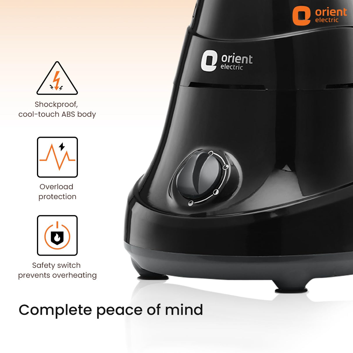 Black kitchen appliance with Orient Electric branding and safety features highlighted.