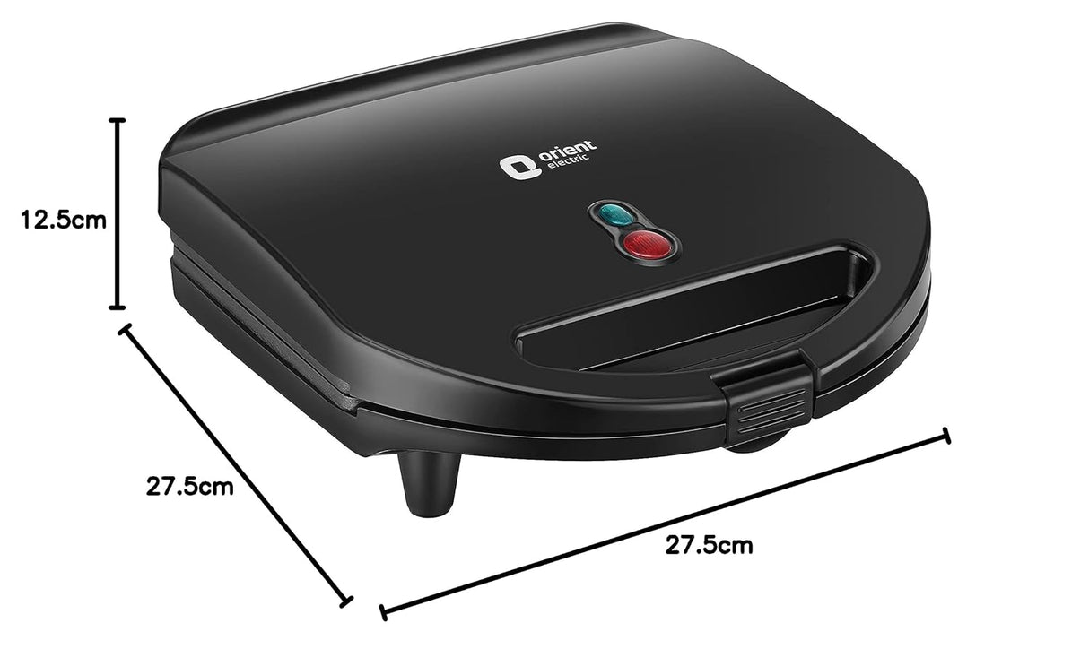 Black sandwich maker with dimensions labeled on a white background