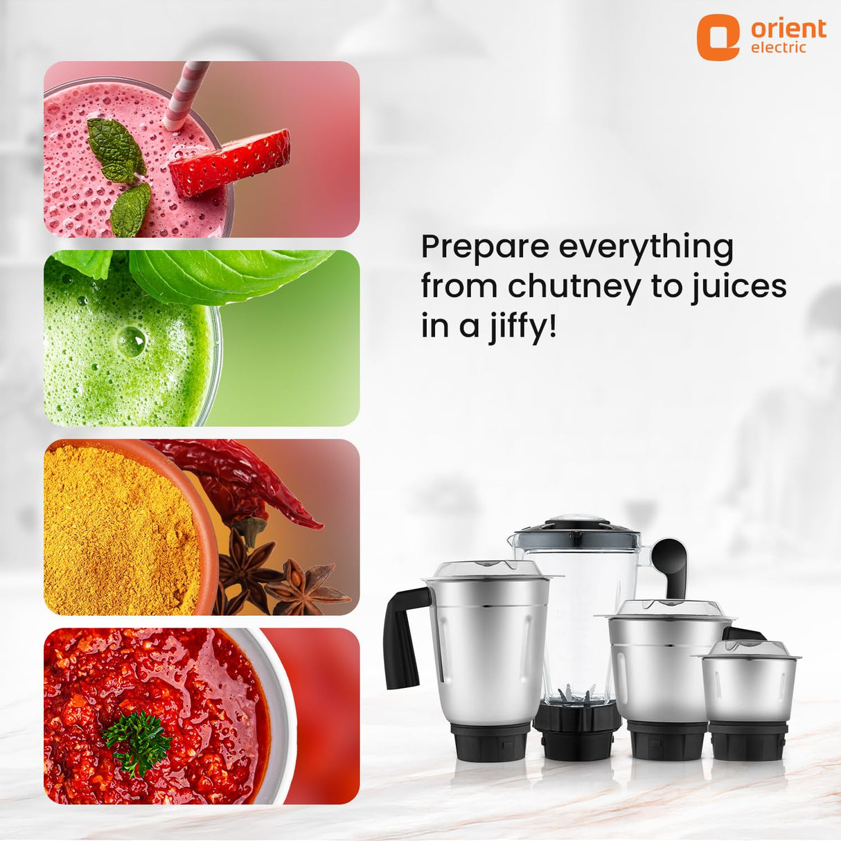 Orient Electric juicer set with images of prepared foods and the brand logo.