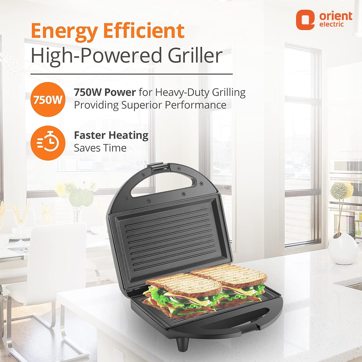 Orient Electric high-powered griller with sandwiches on a kitchen counter
