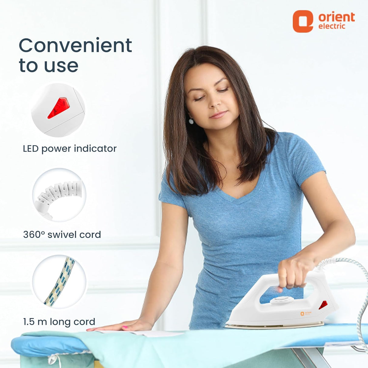 Woman ironing clothes with Orient Electric iron, highlighting features like LED power indicator and 360-degree swivel cord.