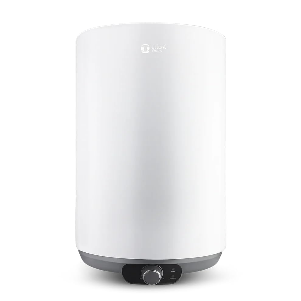 A white cylindrical electric water heater with a dark gray base and a central dial control, shown on a solid white background.