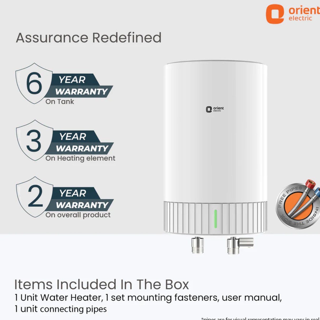 Orient Electric water heater with warranty information on a white background