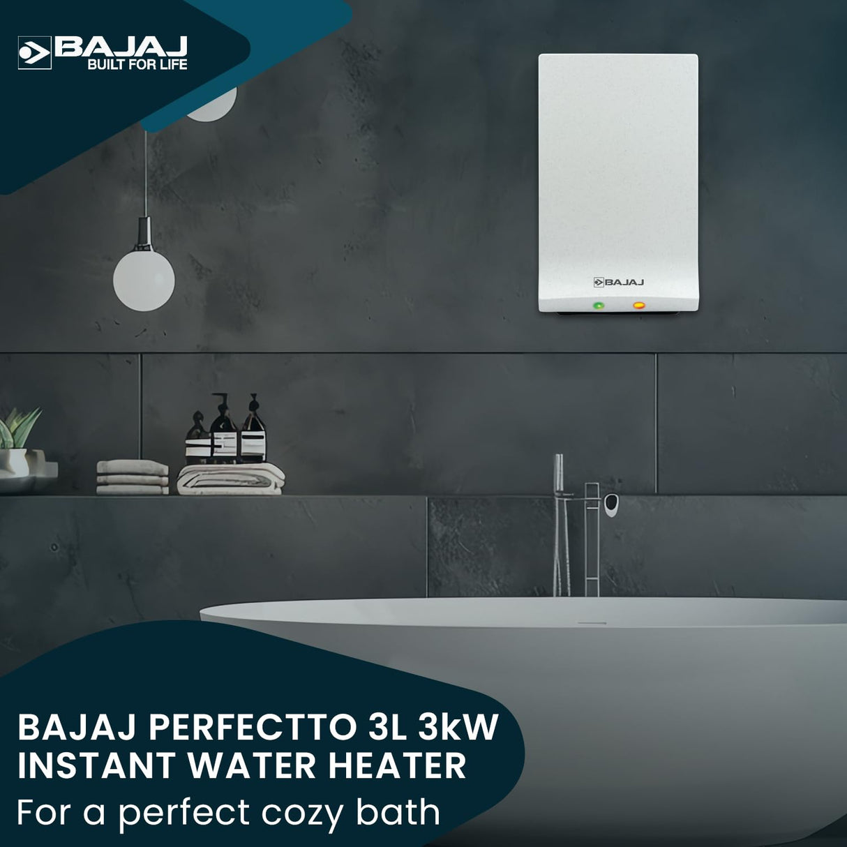 Bajaj Perfectto 3 Litre Instant Water Heater Geyser | Shock Resistance & Rust Proof Engineering Thermoplastic Body 【White】