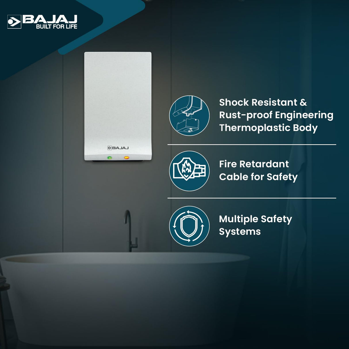 Bajaj Perfectto 3 Litre Instant Water Heater Geyser | Shock Resistance & Rust Proof Engineering Thermoplastic Body 【White】