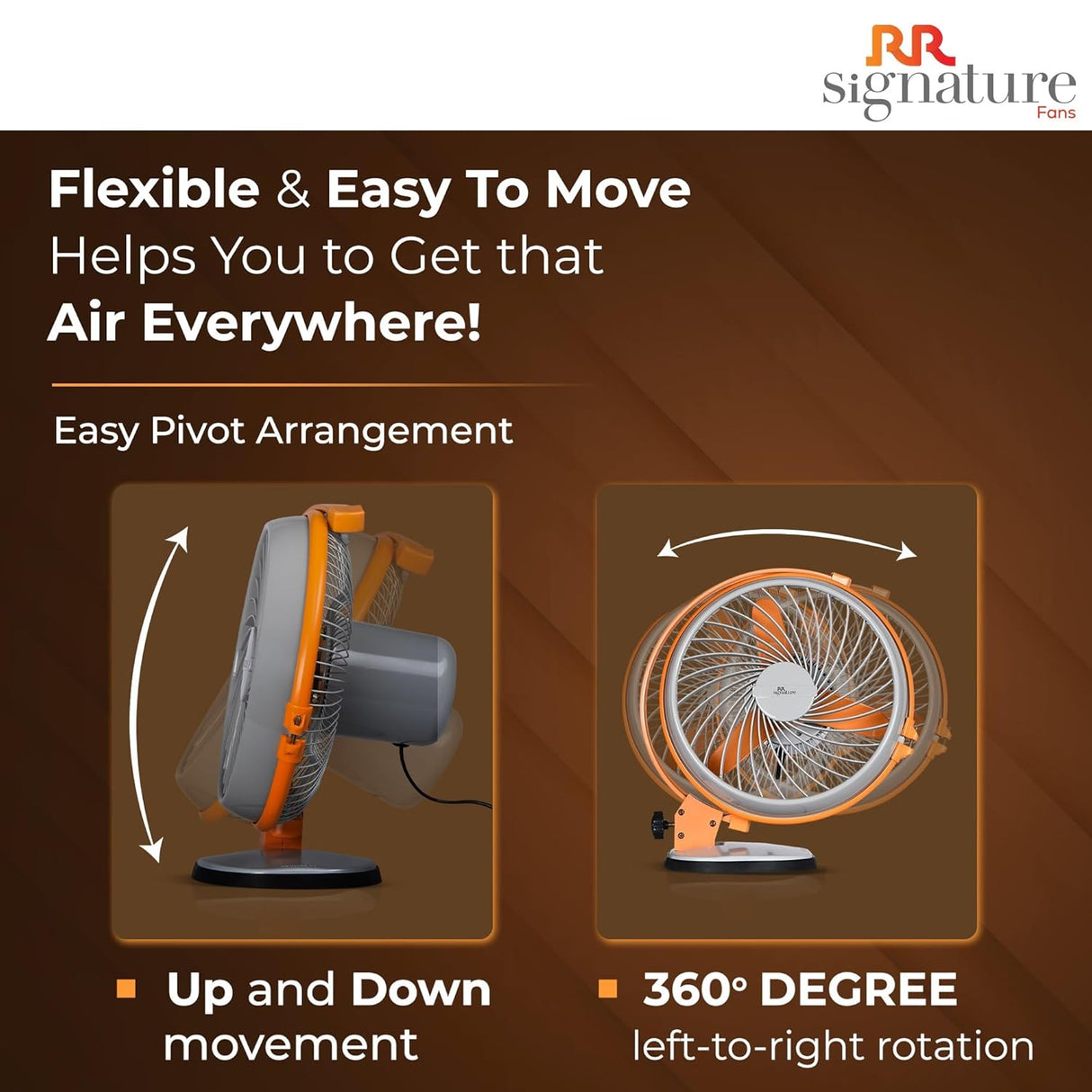 Advertisement for a fan with features like up and down movement and 360-degree rotation on a brown background.
