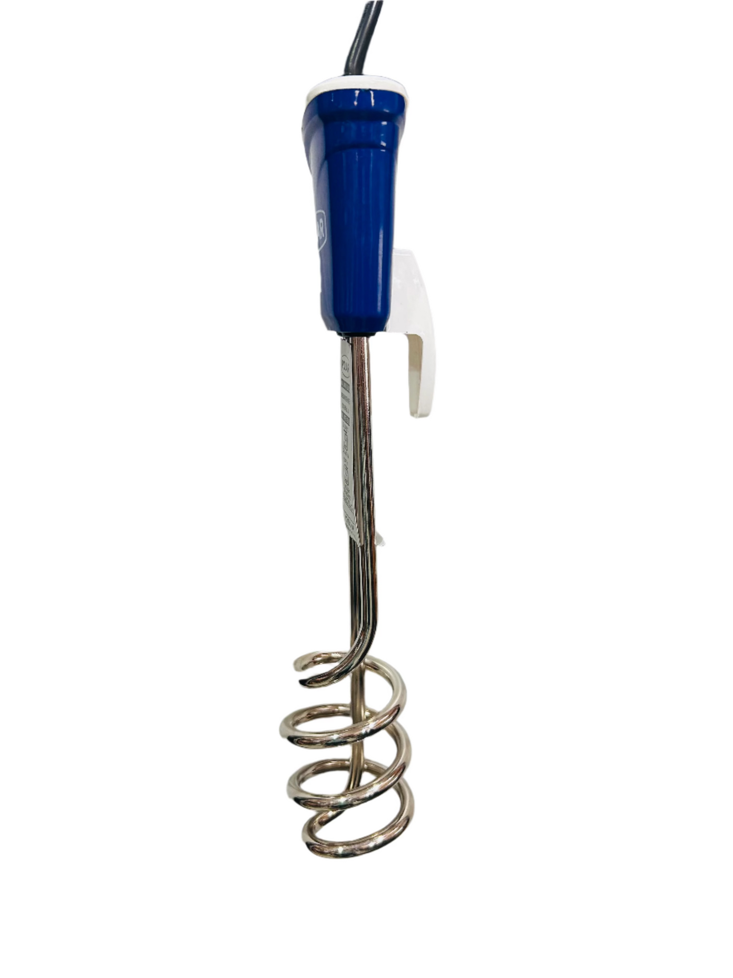 Electric immersion heater with blue handle on a white background