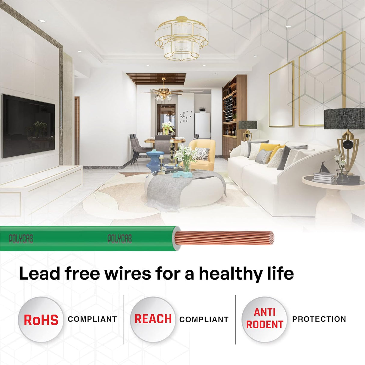 Modern living room with a cable labeled 'Lead free wires for a healthy life' and compliance badges.