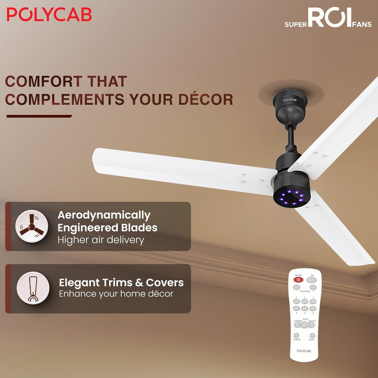 Ceiling fan with remote control on a brown background, featuring Polycab branding.