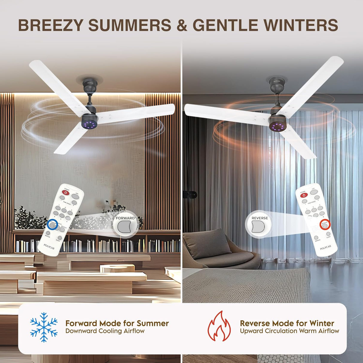 Ceiling fan with remote control in a living room setting, showing summer and winter modes.