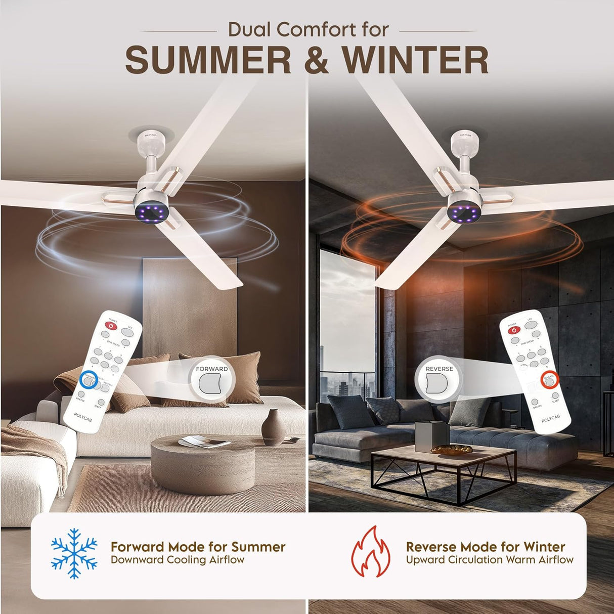 Ceiling fan with remote control in a living room setting, showing dual comfort for summer and winter.