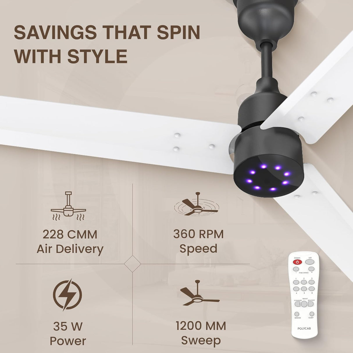 Ceiling fan with specifications on a beige background