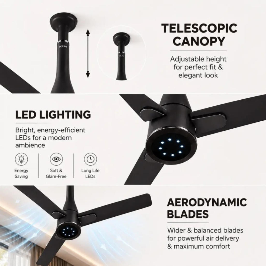 This Ceiling fan has a telescope canopy which can be adjustable for adjusting height and has LED Light fir bright energy -efficient for a morern ambience and has Aerodynamic Blades which has wider and Balanced Blades for powerful air delivery