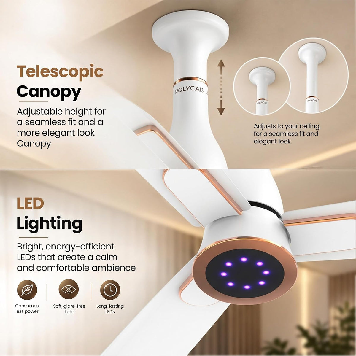 This ceiling fan has a telescopic canopy and LED Lighting for bright, energy-efficient LEDs, which create a calm and comfortable ambience.