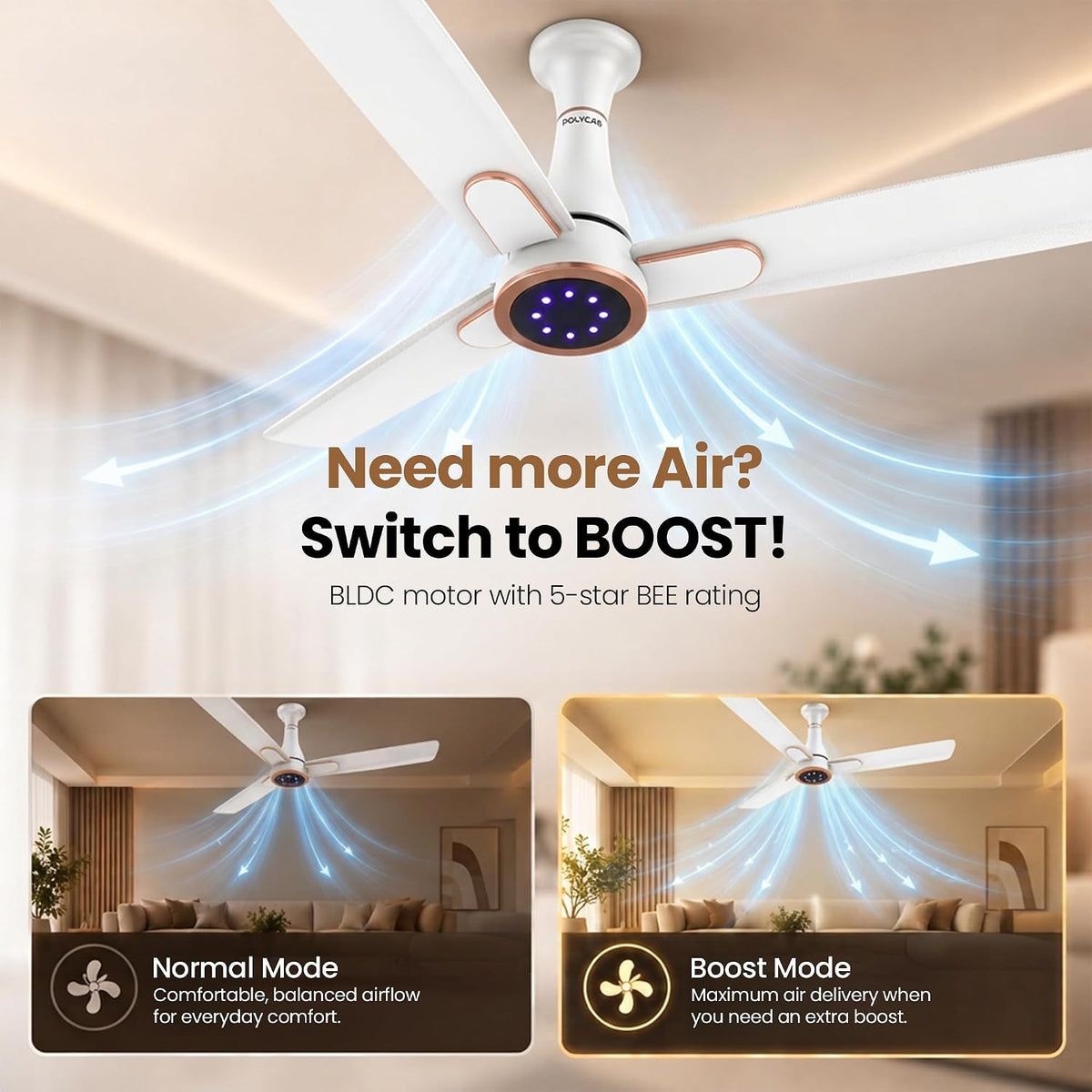 This ceiling fan has normal mode for comfortable , balanced airflow and boost mode for maximum air delivery .