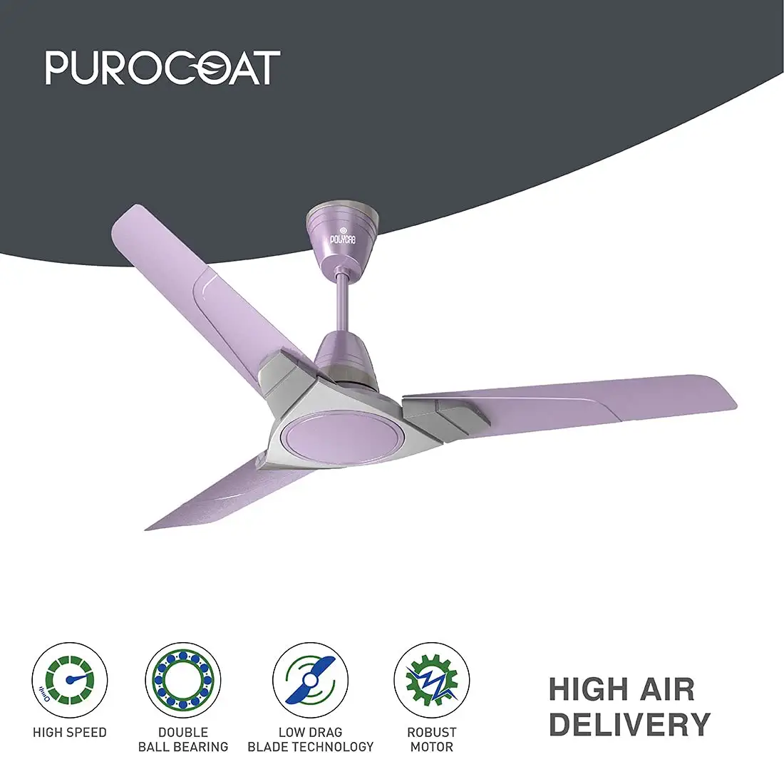 This ceiling fan has high speed , Double ball bearing , Low Drag Blade TEchnology and Robust Motor