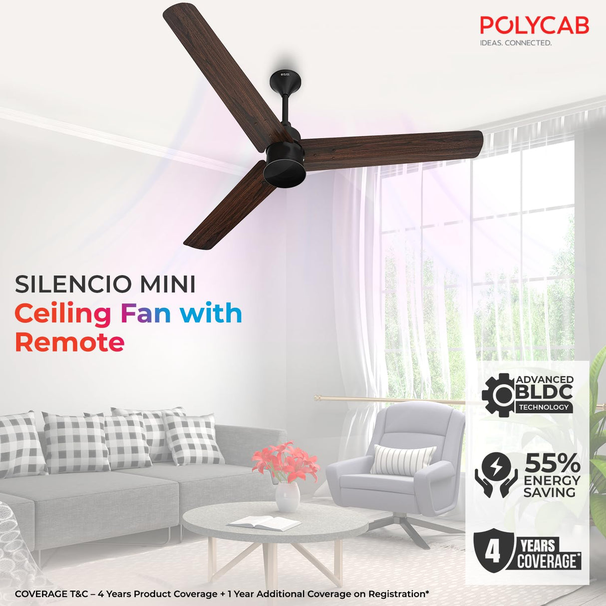 This ceiling fan comes woth remote with advanced BLDC Technology which saves55% Energy saving with 4 years Coverage