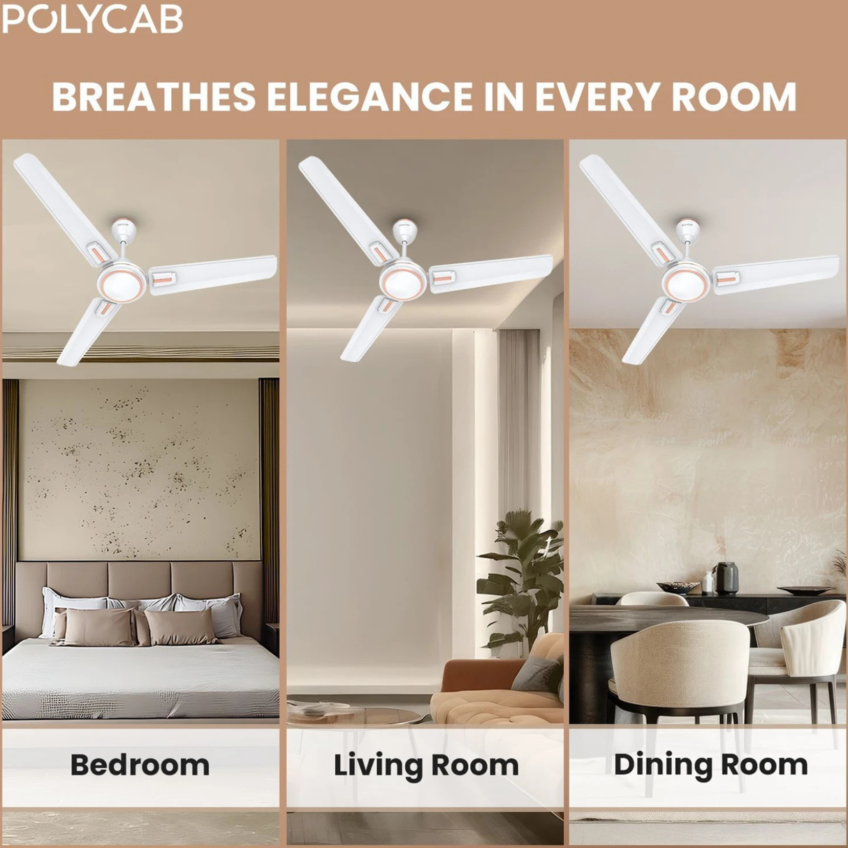 Ceiling fans in a bedroom, living room, and dining room with Polycab branding.
