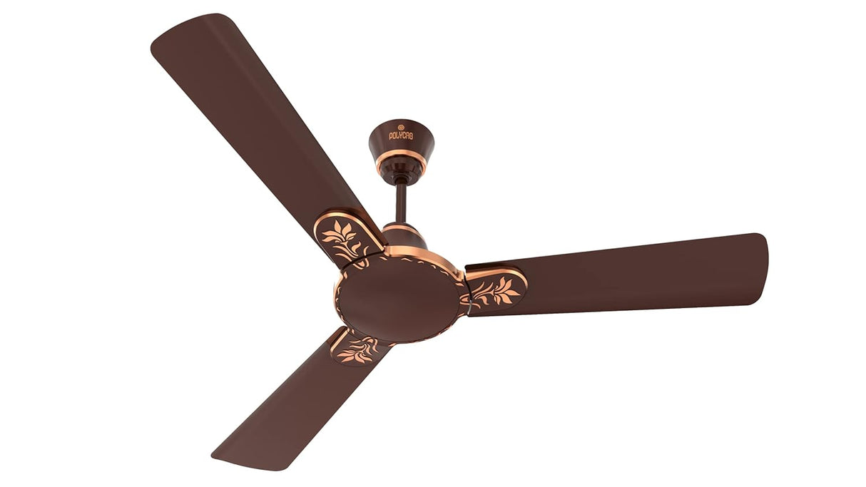 A Polycab Eleganz Plus 1200mm ceiling fan in espresso brown color, featuring three aluminum blades with a central ornate structure and a polished metal finish.