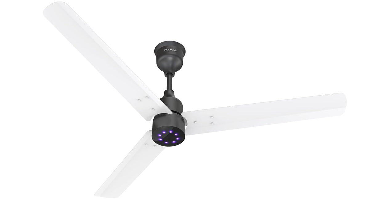Ceiling fan with white blades and black light fixture on a white background