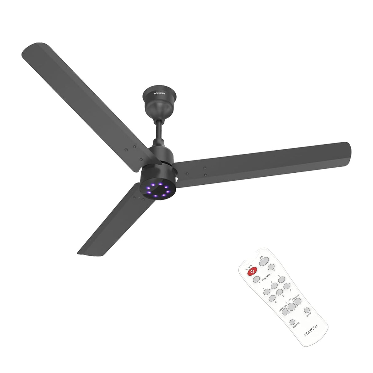 Ceiling fan with remote control on a white background