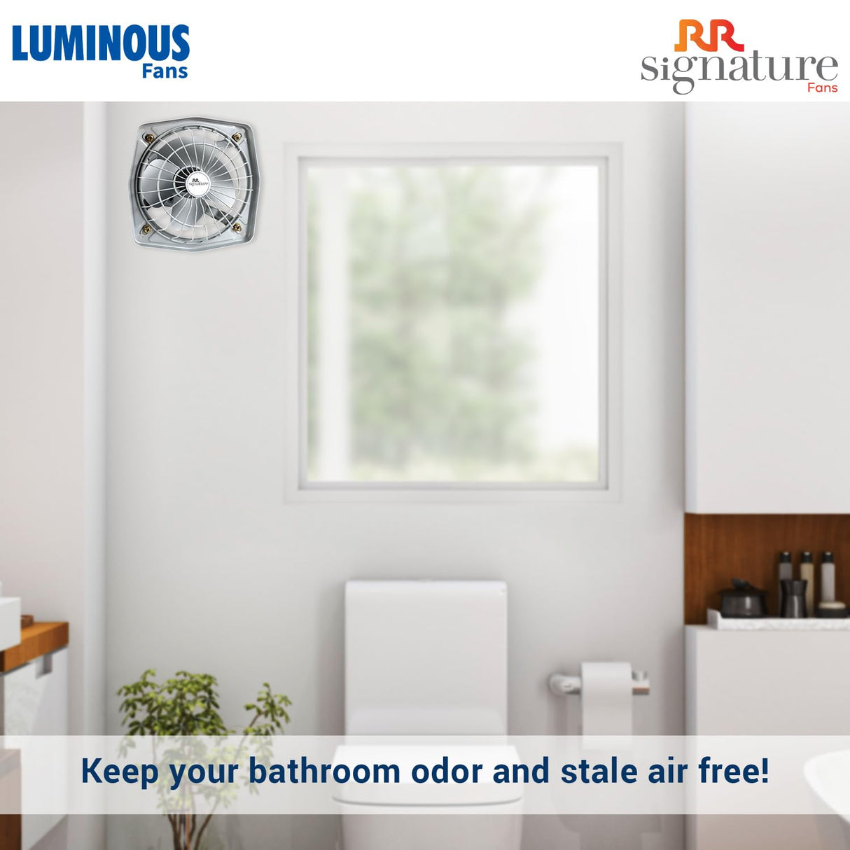 Bathroom with a wall-mounted fan and text promoting Luminous Fans and RR Signature Fans.