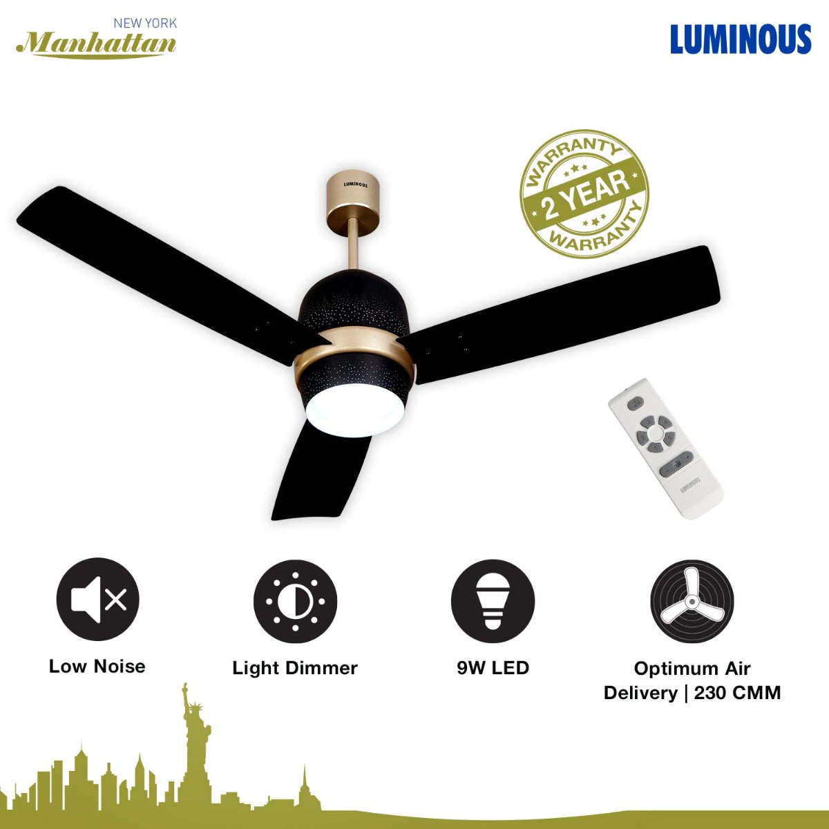 A Luminous ceiling Fan has Low Noise , Light Dimmer , 9 Watt LED and Optimum Air Delivery /230CMM with YEar Warranty