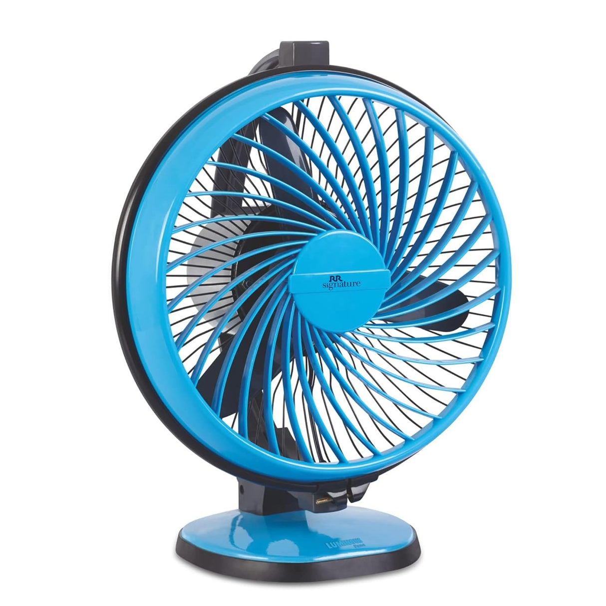 Blue desk fan with black base on a white background