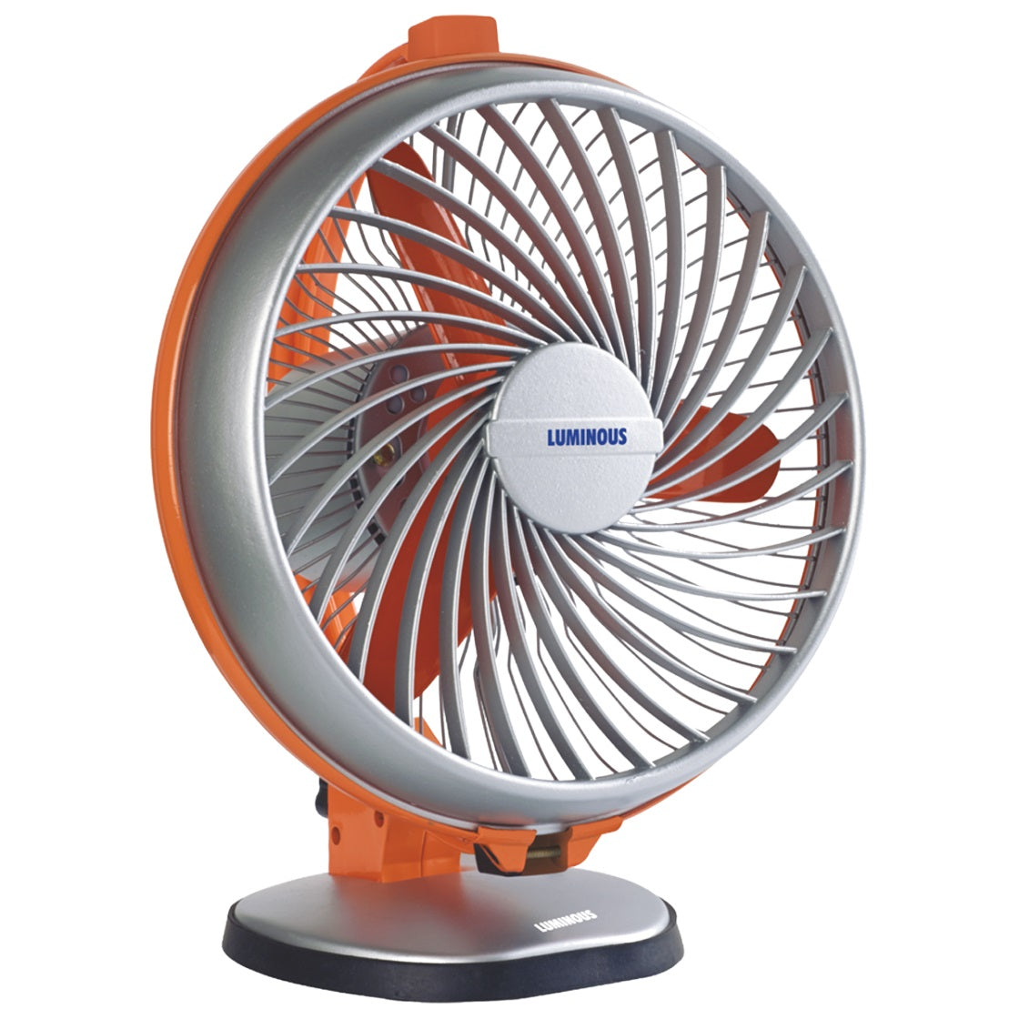 A royal orange personal table fan with a circular guard and a stabilized base, featuring the brand name 'Luminous' on the center.
