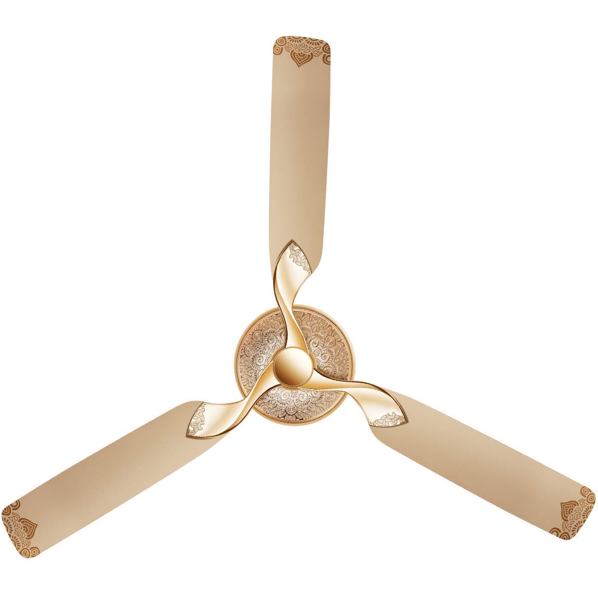 A Thar Gold ceiling fan with a luxurious design, featuring ornate blades and a central ornamental hub.