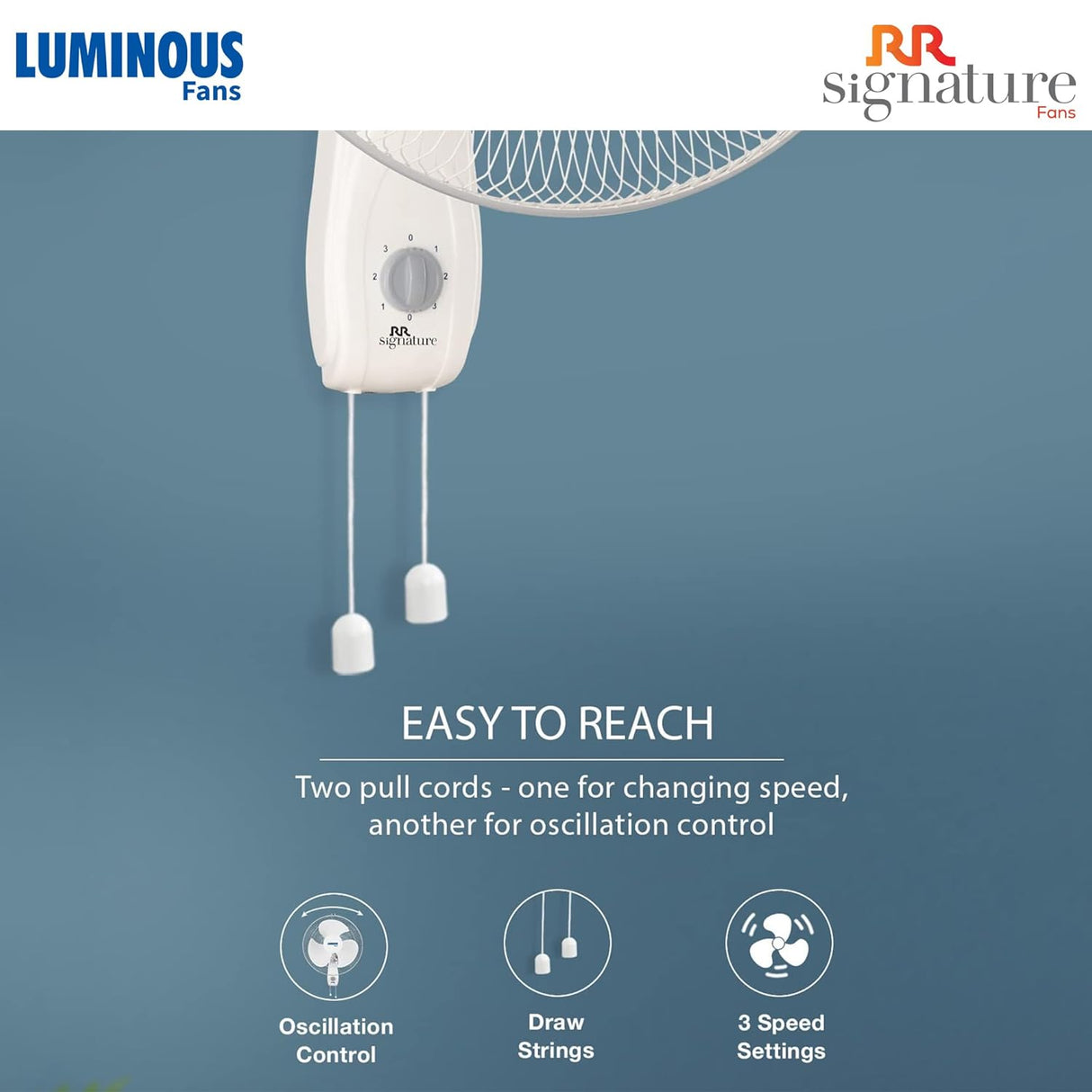 Wall-mounted fan with pull cords on a blue background, featuring Luminous and RR Signature logos.
